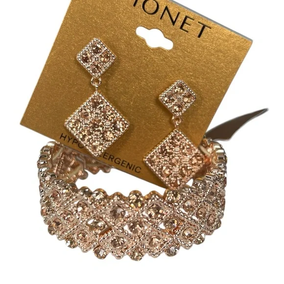 Monet Rose Gold Stretchy Crystal Bracelet with Earrings - Picture 2 of 5
